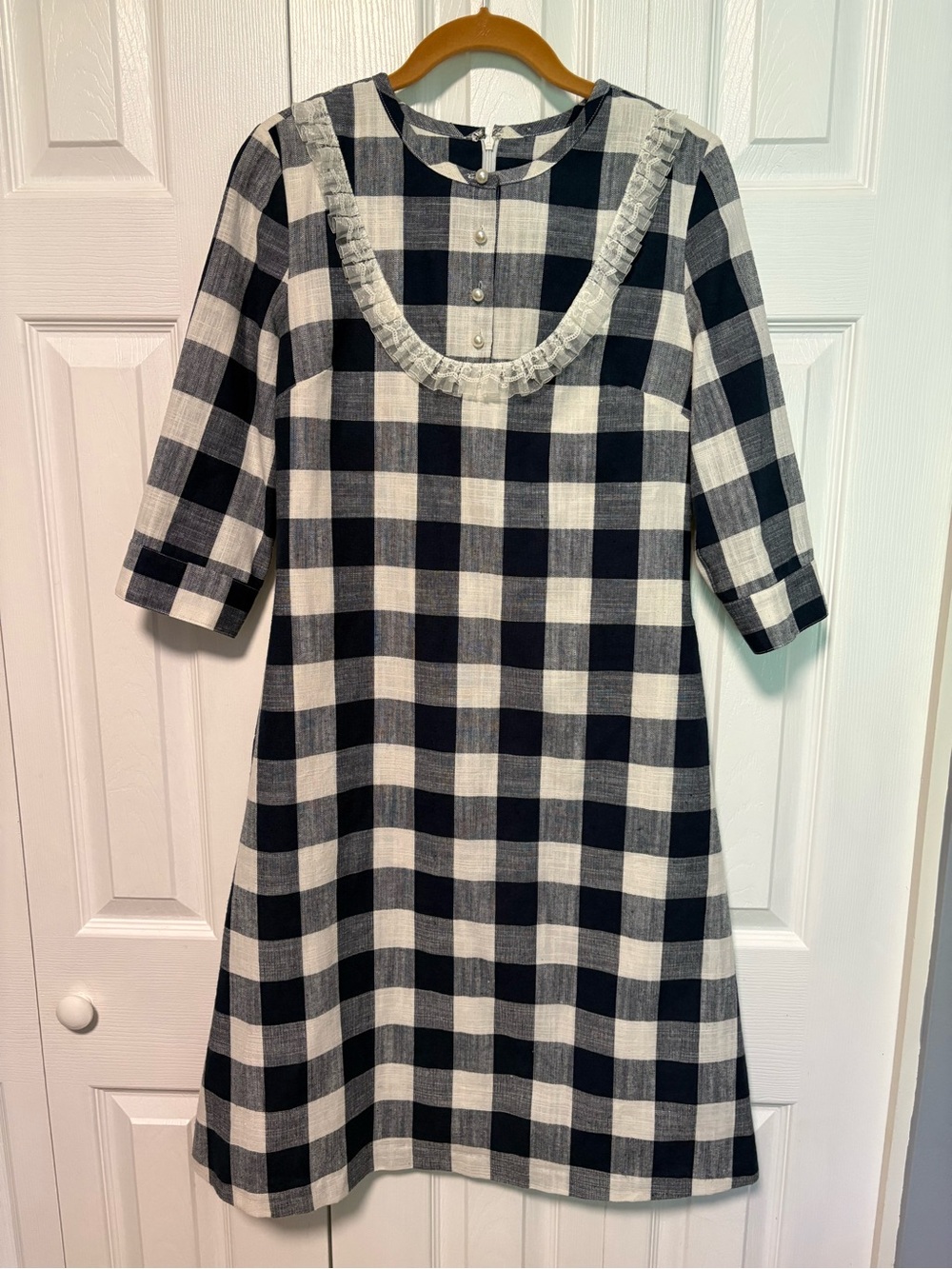 Navy Blue & White Plaid with Lace Ruffle-Trim Dress and Pearl like Buttons